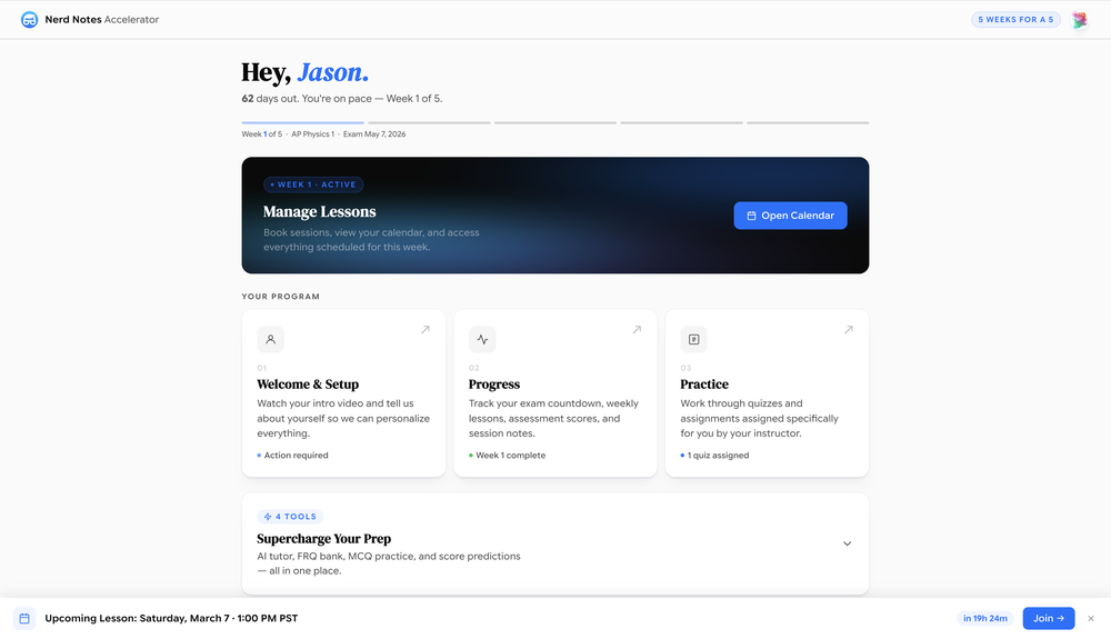 The Nerd Notes Accelerator dashboard: lessons, progress, practice and the next upcoming lesson