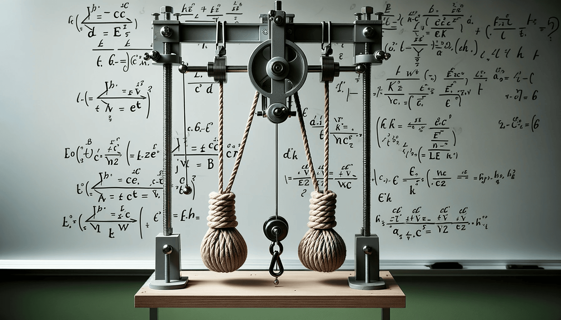 Photo of a basic Atwood machine setup in a classroom environment, with two equal weights suspended by a rope over a pulley