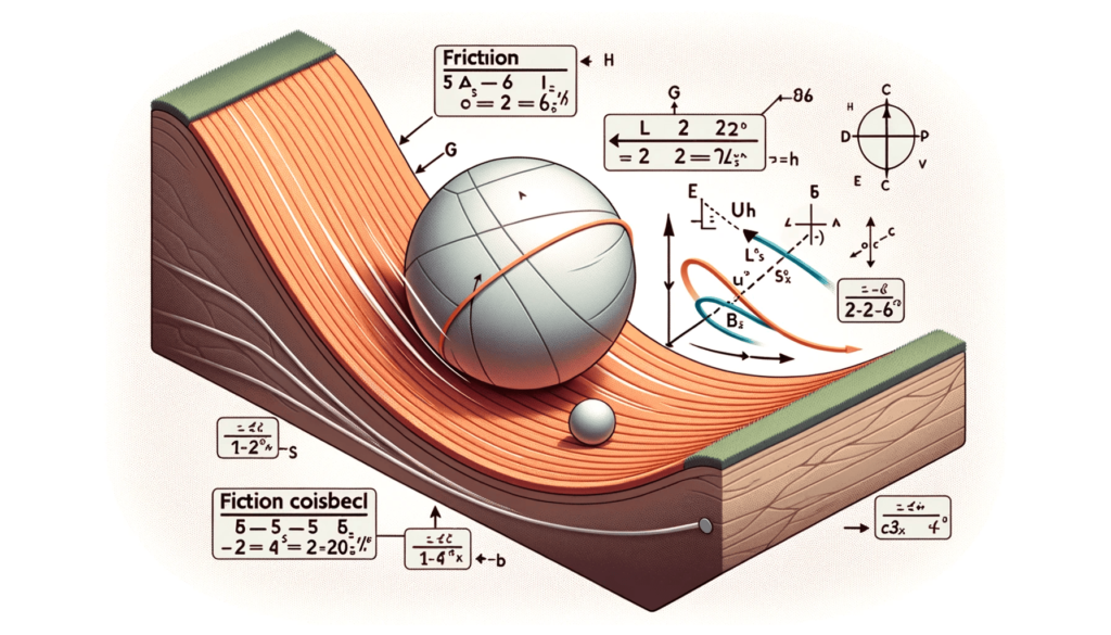 Illustration of a slope with a ball rolling down, annotated with force vectors, friction coefficients, and linear force equations (1)