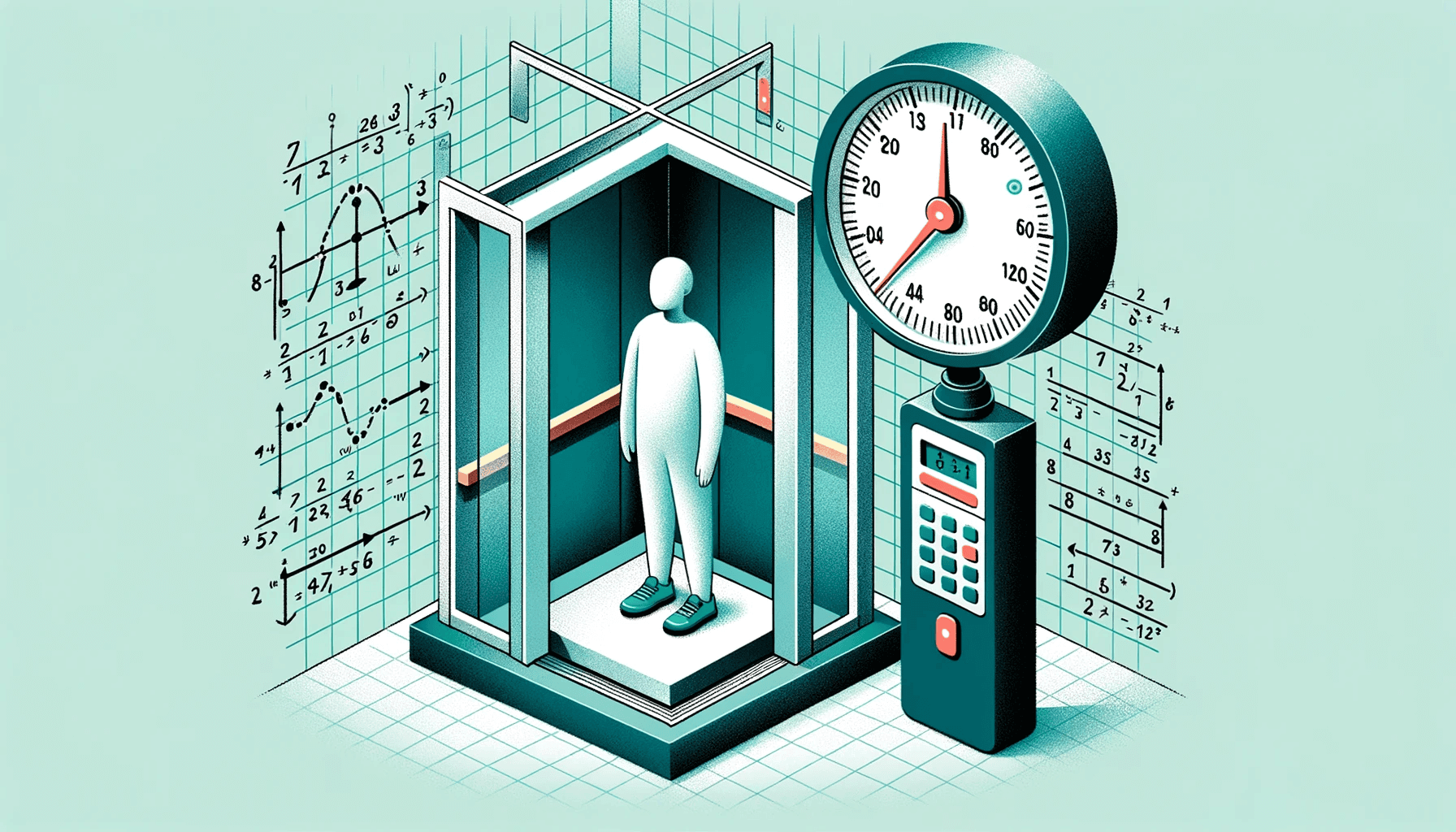 Illustration of a person standing inside an elevator with a weighing scale beneath their feet, showcasing the difference between real weight and apparent weight.