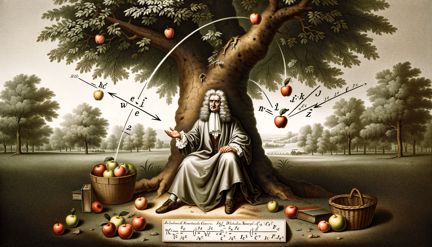 Illustration of Sir Isaac Newton sitting under a tree, observing an apple falling, with arrows indicating forces and labeled equations nearby
