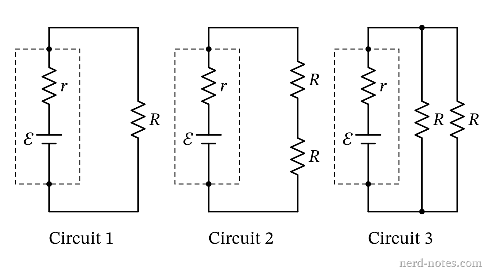 Three load circuits connected to a real battery with internal resistance.