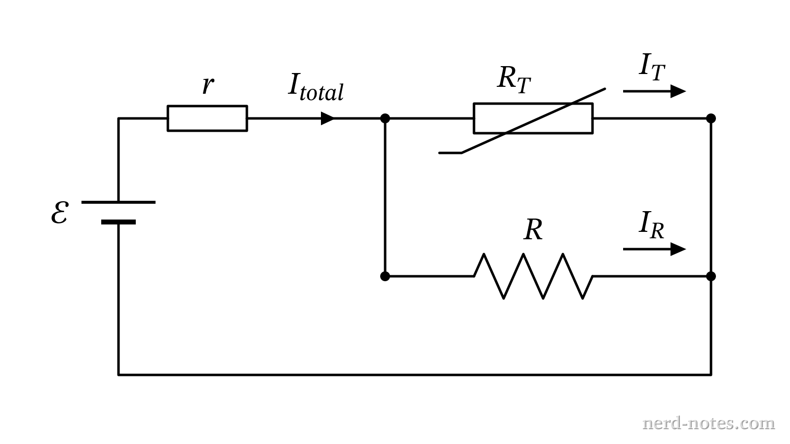 Circuit containing a battery with internal resistance \(r\) connected to a parallel network.