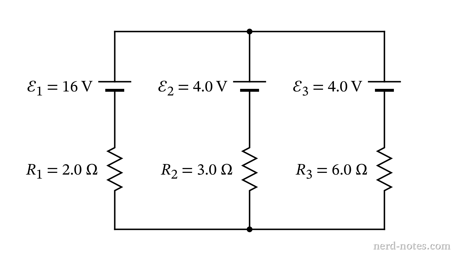 Three parallel branches with batteries and resistors connected between top and bottom nodes.