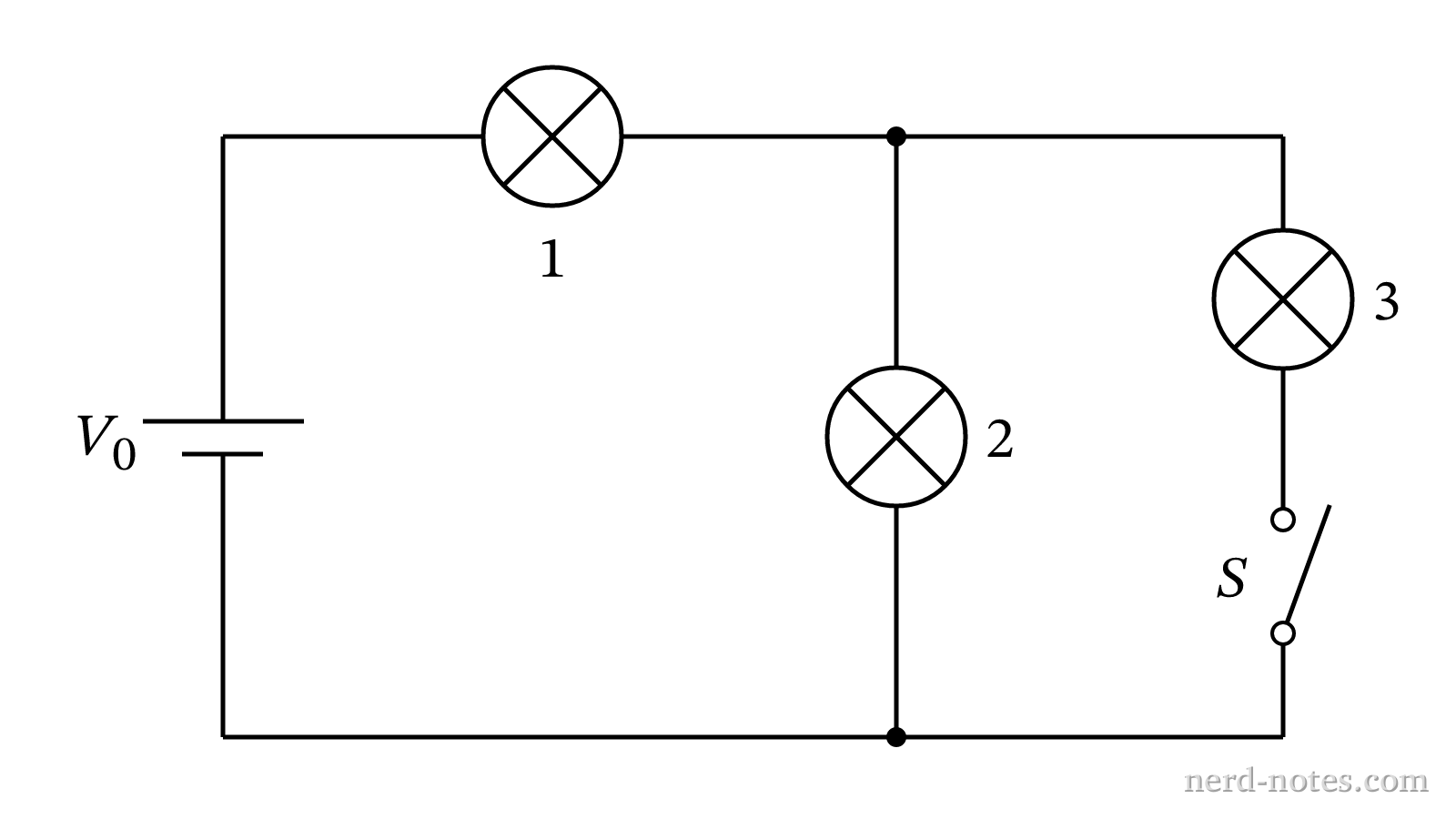 Circuit schematic containing three identical lightbulbs and a switch.