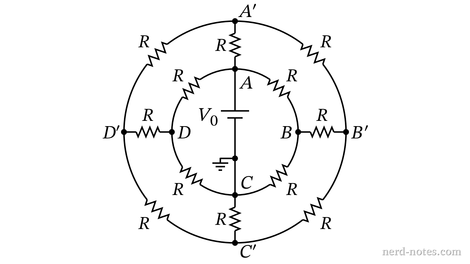 Planar network of concentric loops and radial spokes connected to a battery.