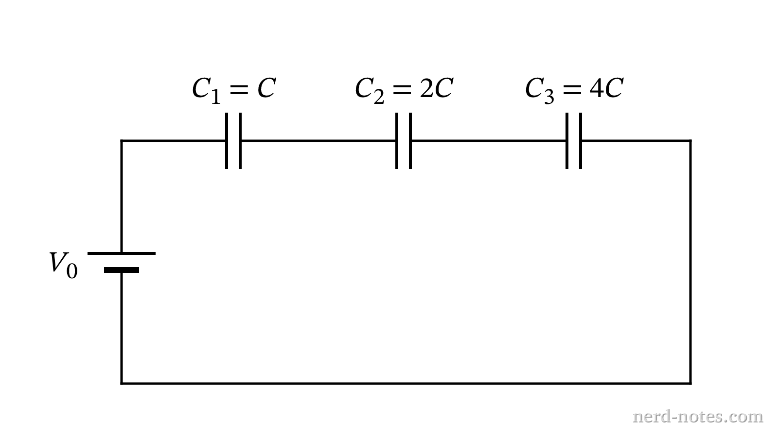 Three capacitors connected in series across a battery.