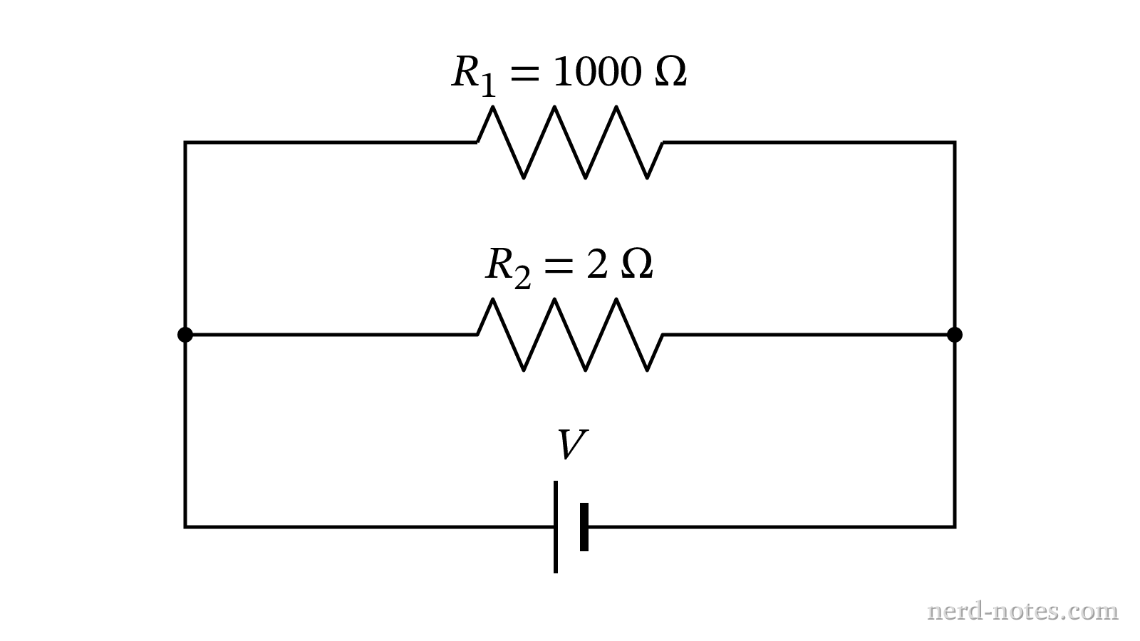 Two parallel resistors connected to a voltage source.