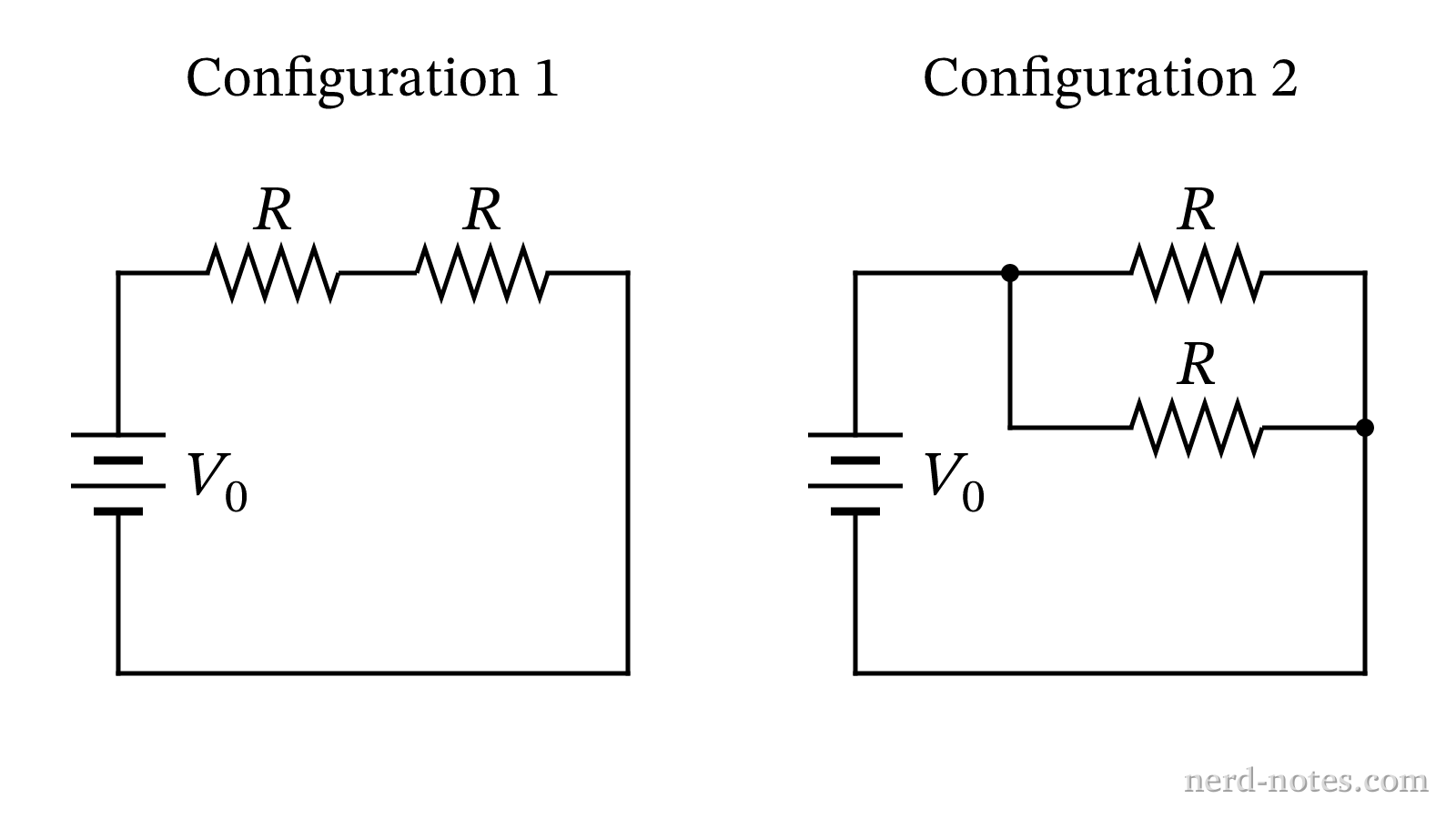 Circuits containing identical lightbulbs in series and parallel configurations.