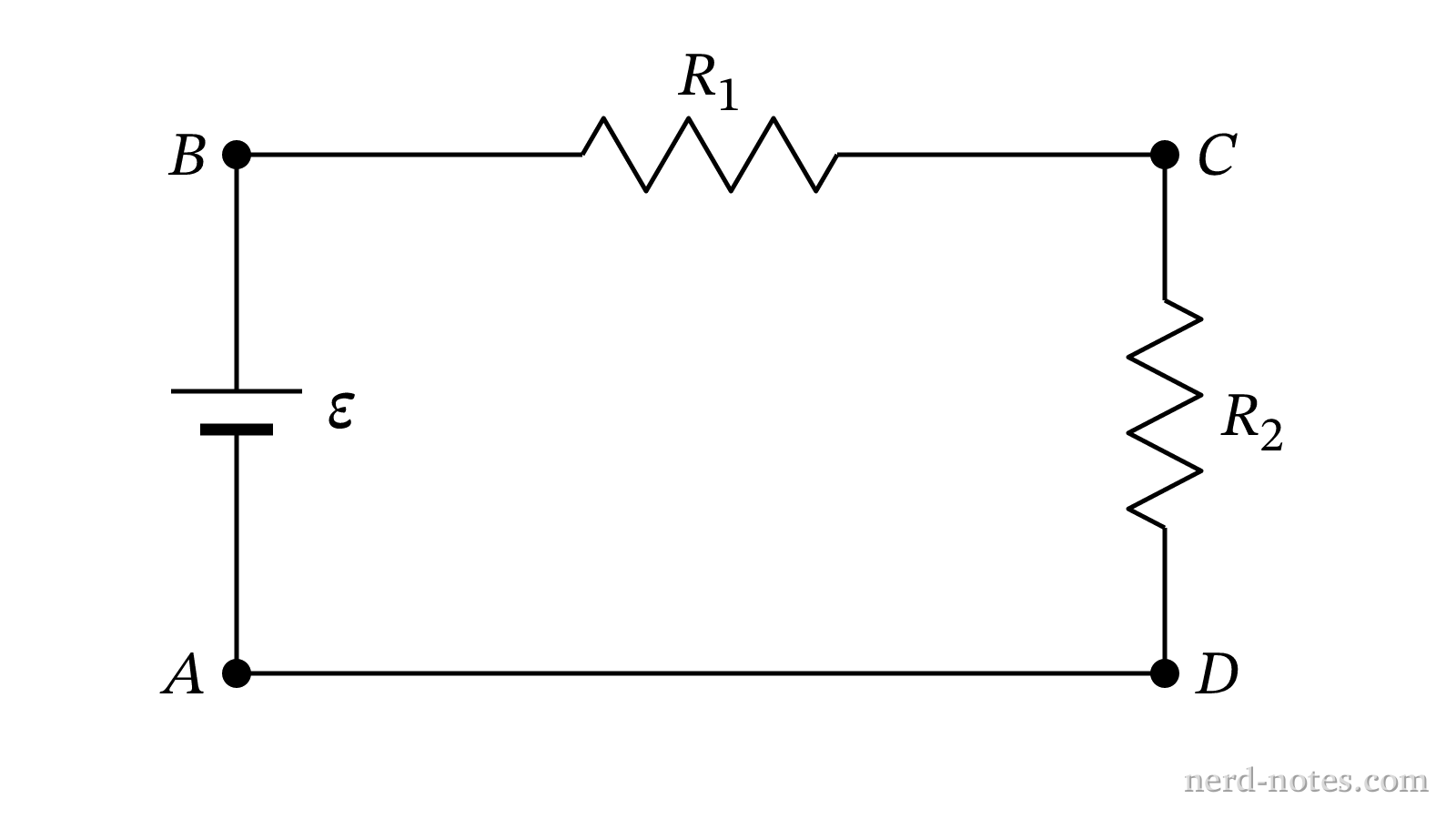 Single-loop circuit containing a battery and two resistors with labeled points.