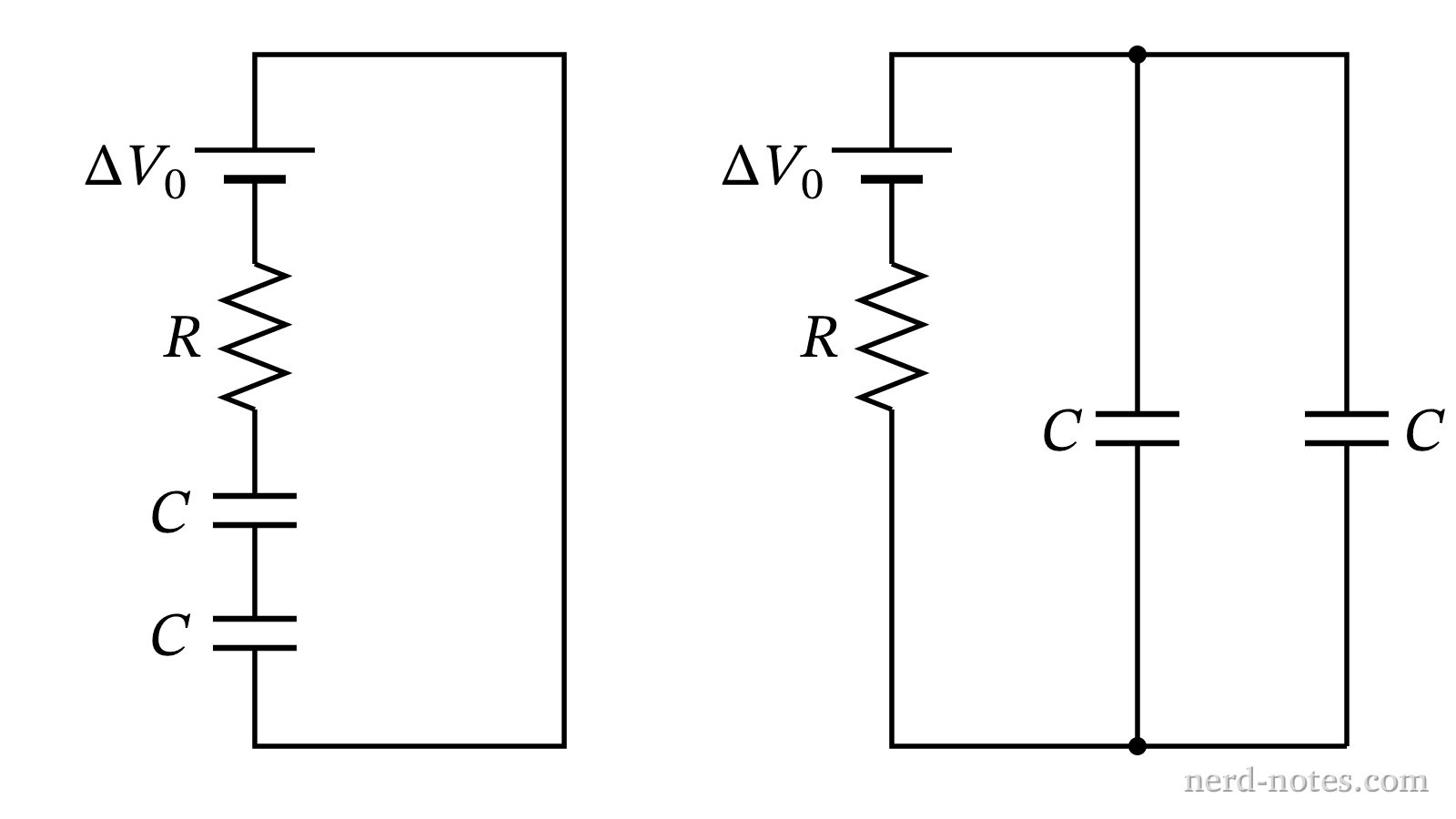 Schematics of the series and parallel capacitor circuit configurations.
