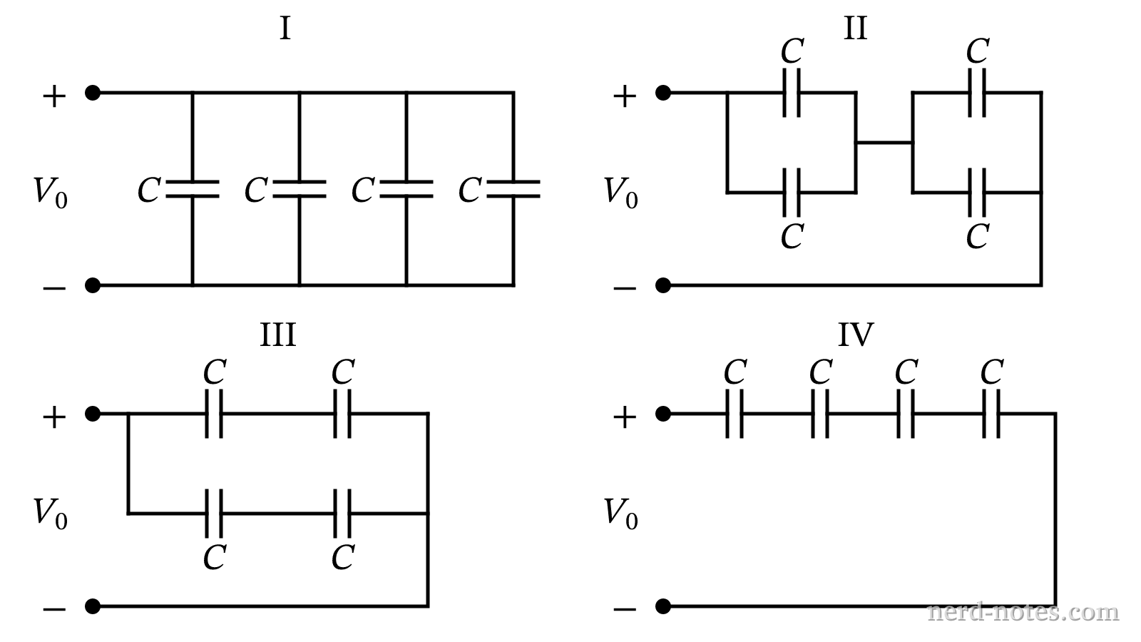 Four combinations of four identical capacitors.