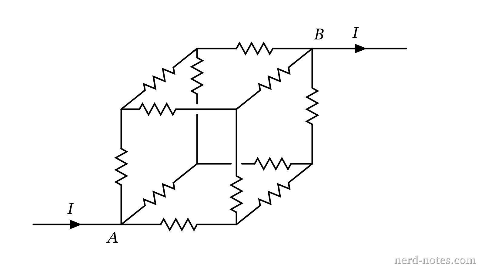A cubic resistor network connected across diagonally opposite vertices.