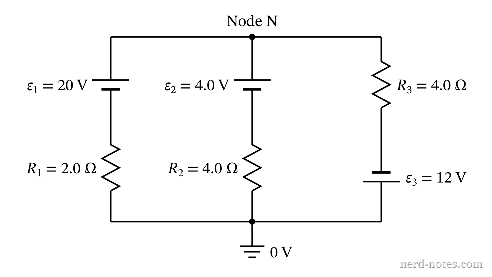 Three-branch DC circuit with three ideal voltage sources.