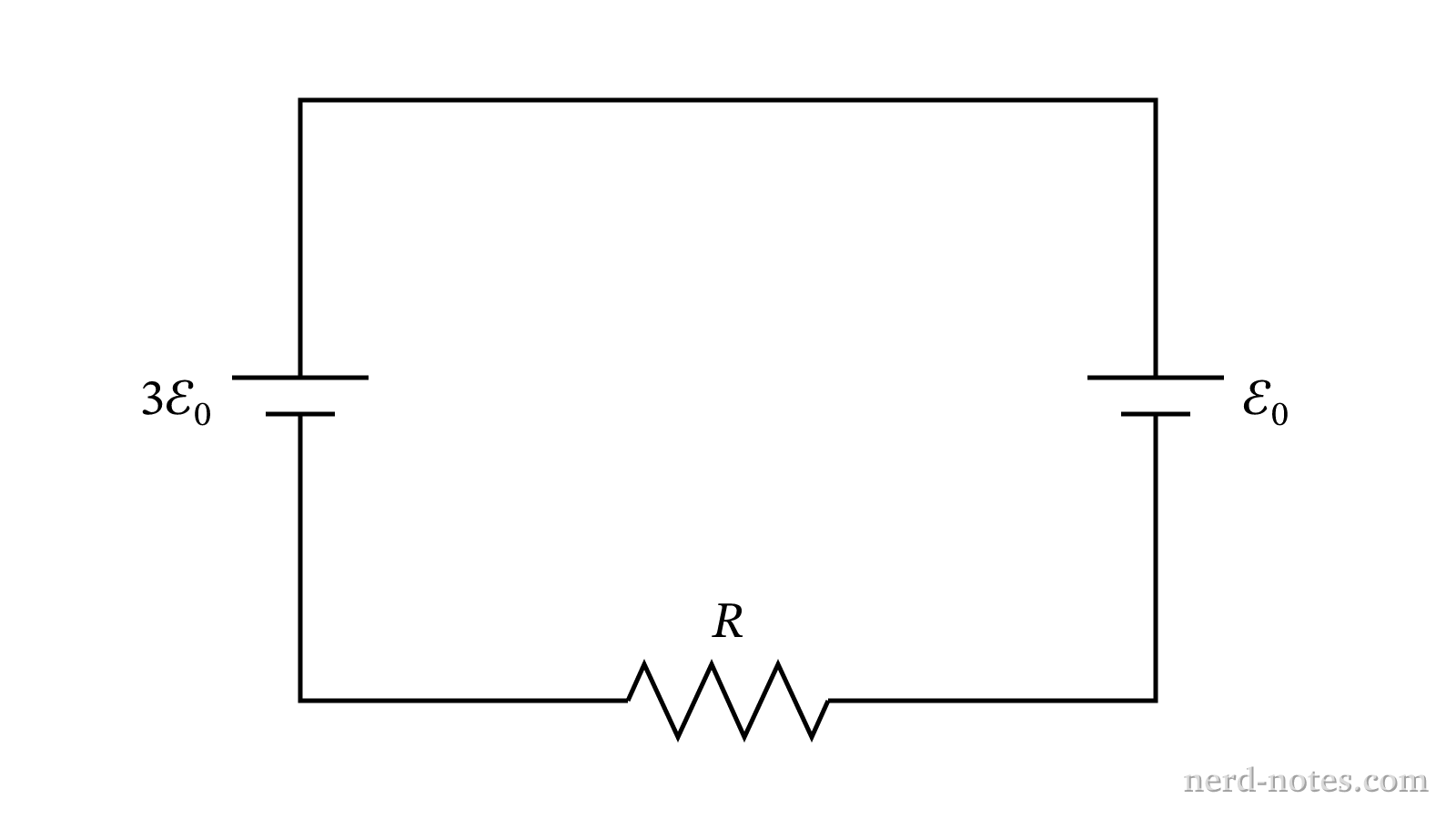 Circuit loop containing two opposing batteries and resistance.