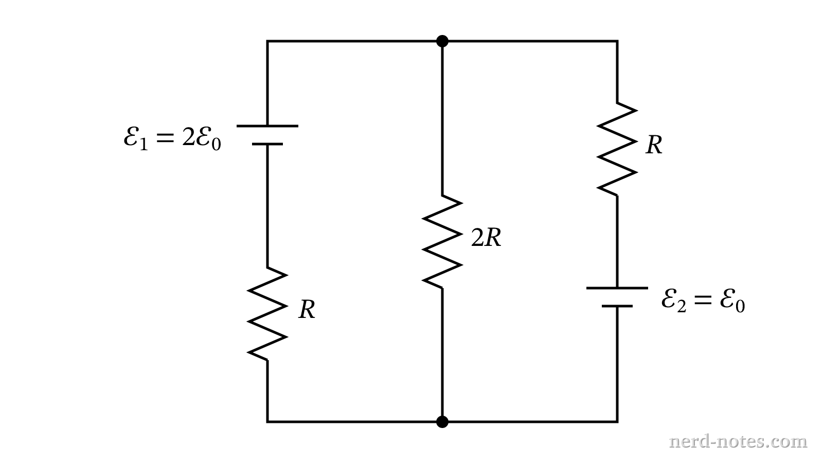 Schematic of the multi-loop circuit containing two batteries and three resistors.