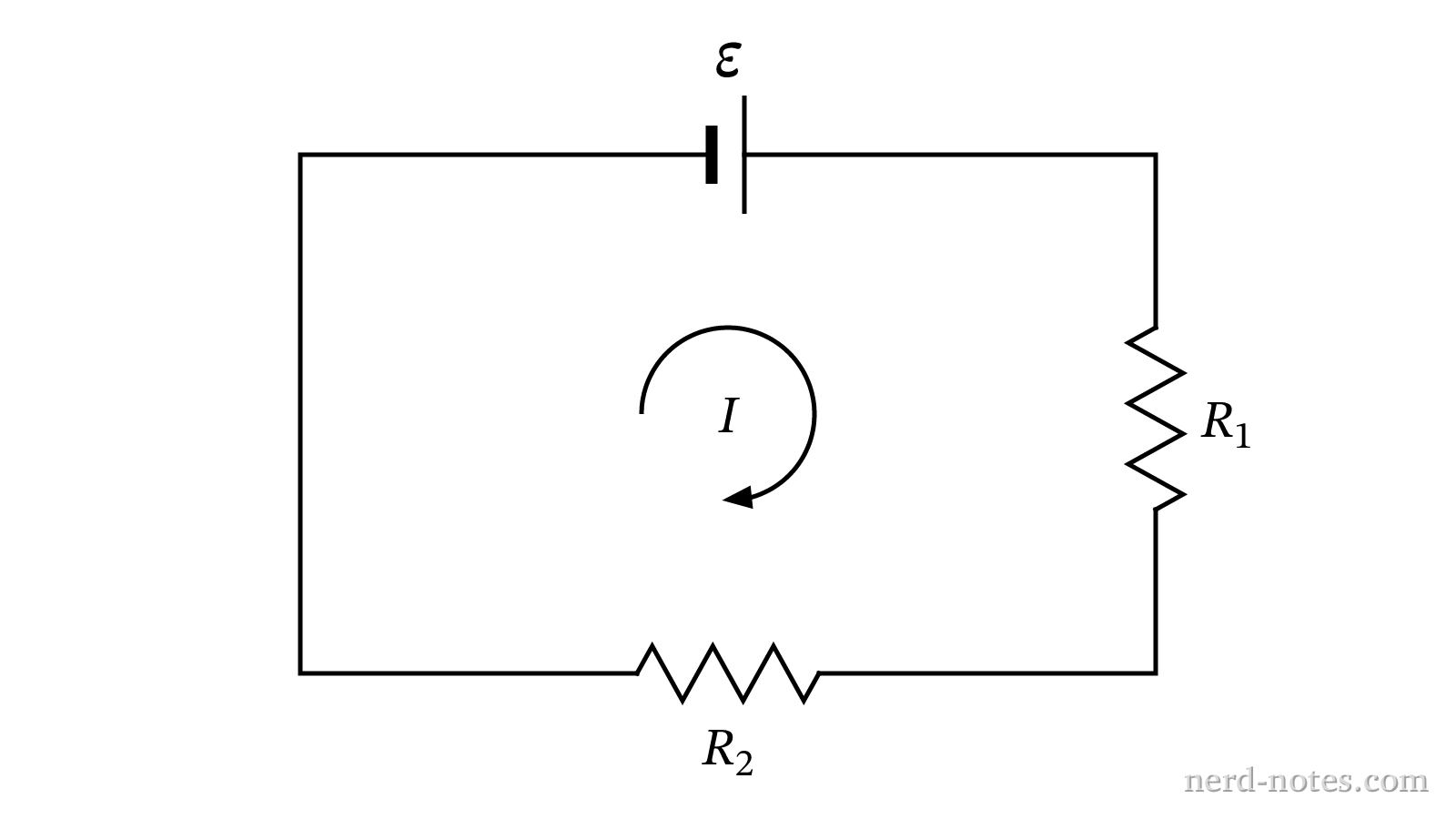 A single-loop circuit with an ideal battery and two resistors.