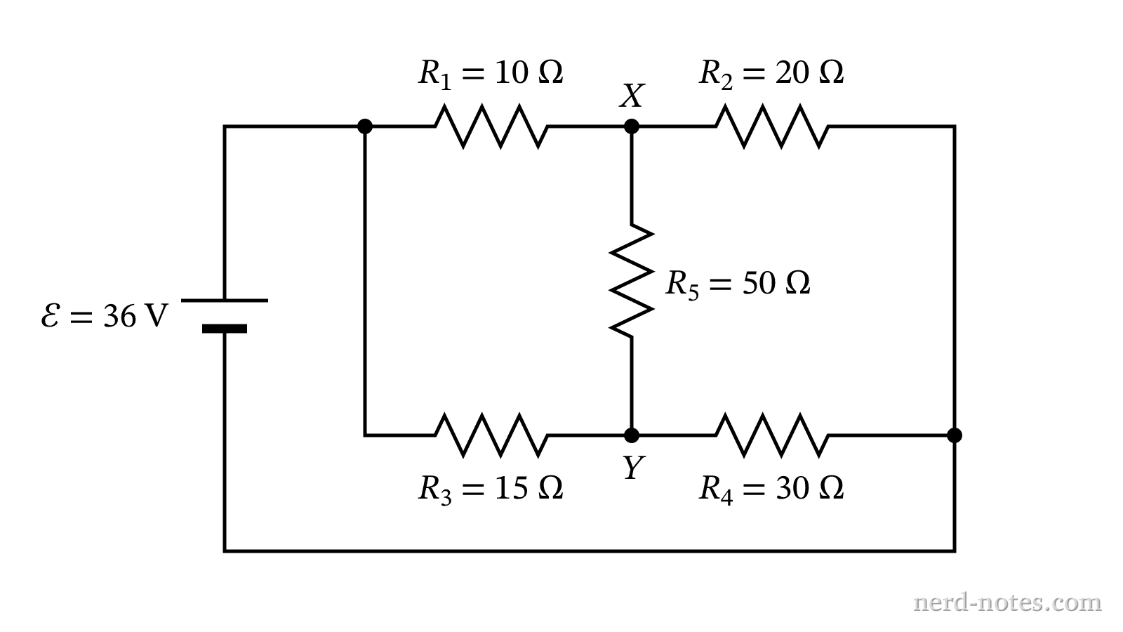 Resistor bridge circuit connected to a 36 V battery.