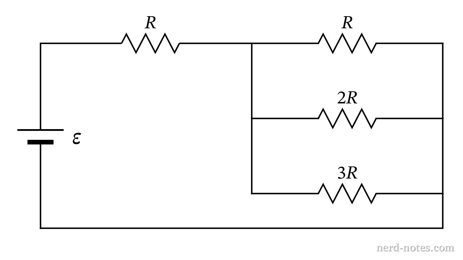 A circuit with an ideal battery, a series resistor, and three parallel branches.