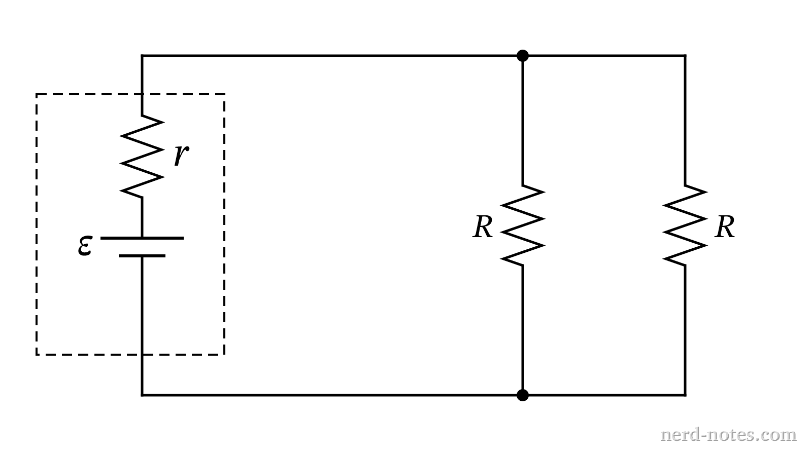 Circuit schematic with a non-ideal battery and two parallel load resistors.