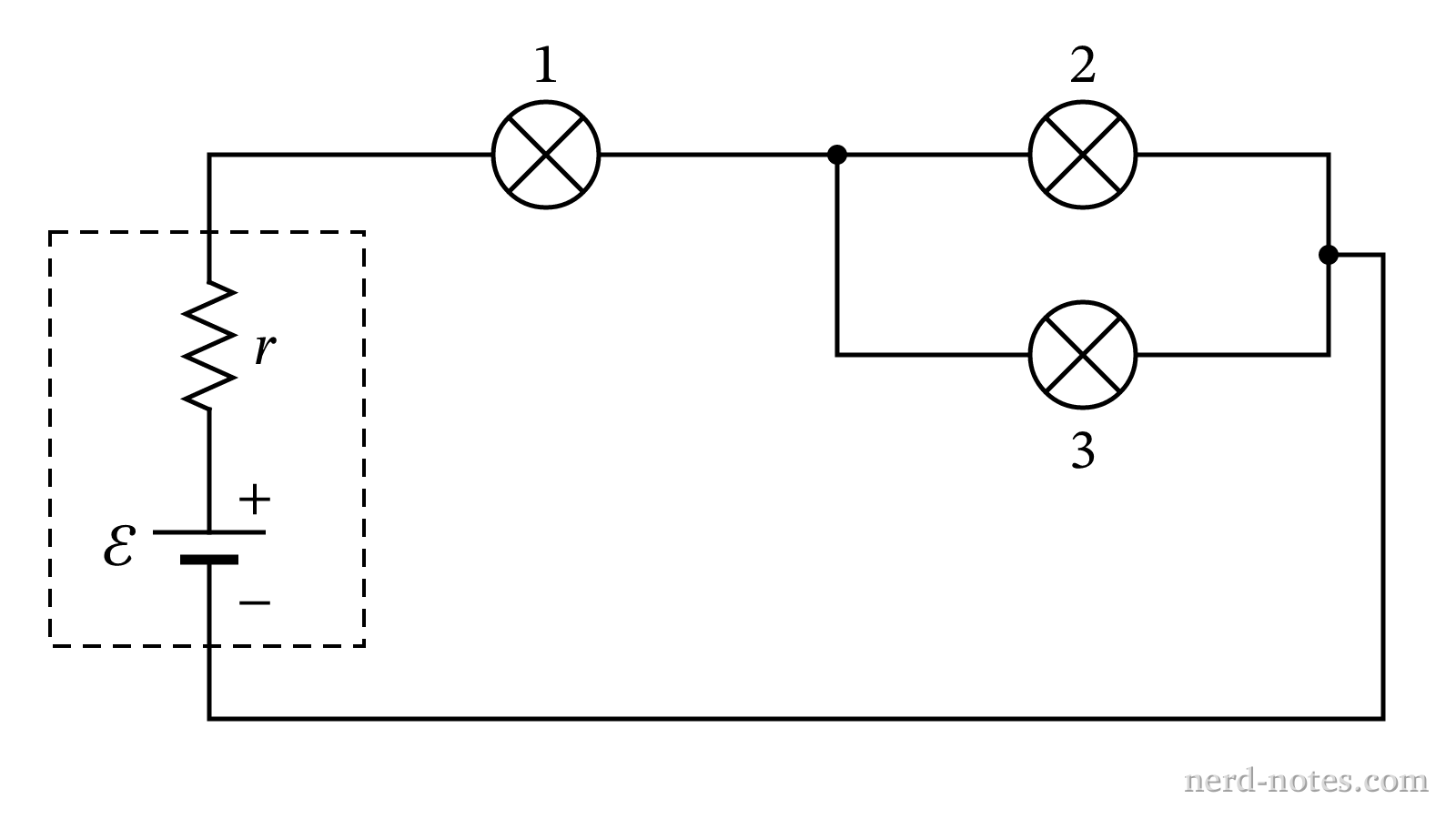 Circuit schematic with a real battery and three identical light bulbs.
