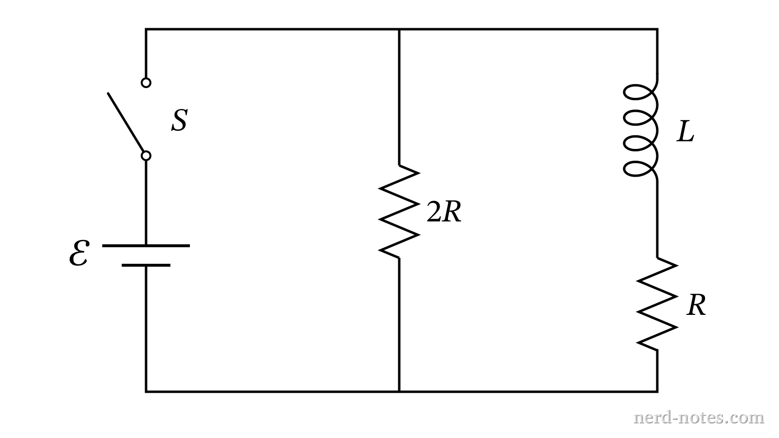 Circuit schematic with a battery, switch, two resistors, and an inductor.