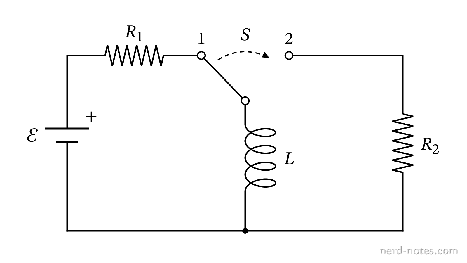 Circuit schematic with a two-position switch, battery, inductor, and two resistors.