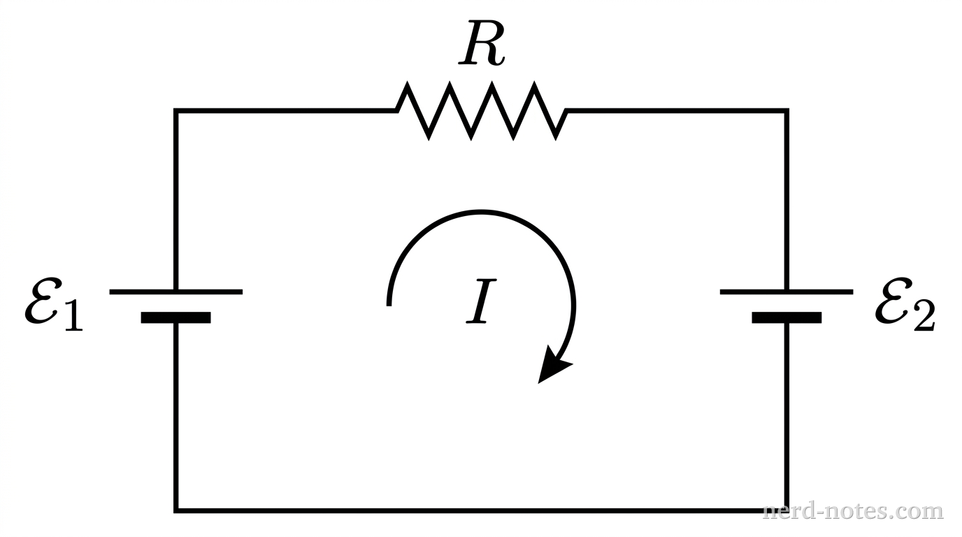 A single-loop circuit containing two opposing EMF sources and a resistor.