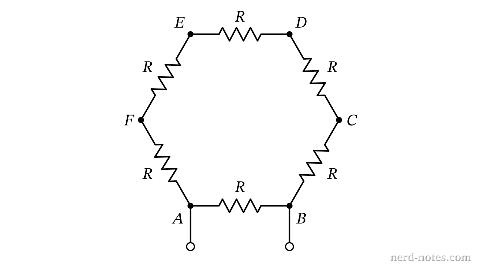 Six identical resistors of resistance \(R\) connected in a hexagonal loop.