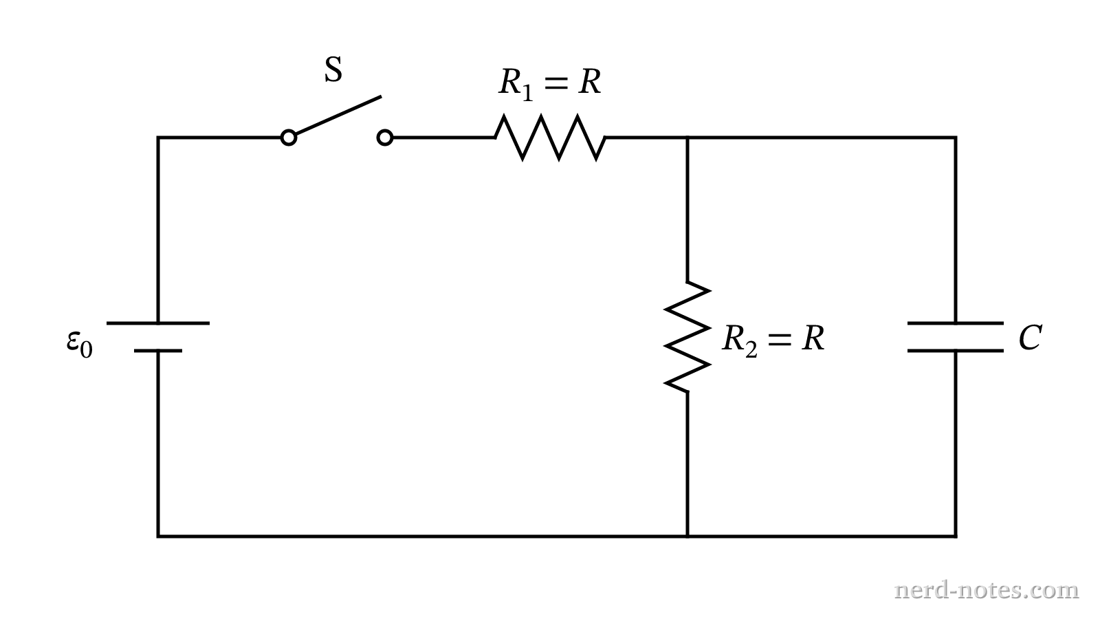 Circuit with two identical resistors, a capacitor, and an ideal battery.