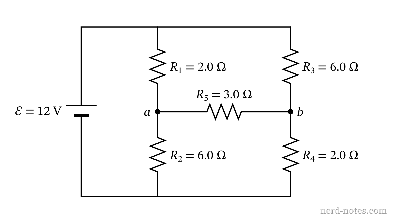 Bridge circuit connected to an ideal 12 V battery.