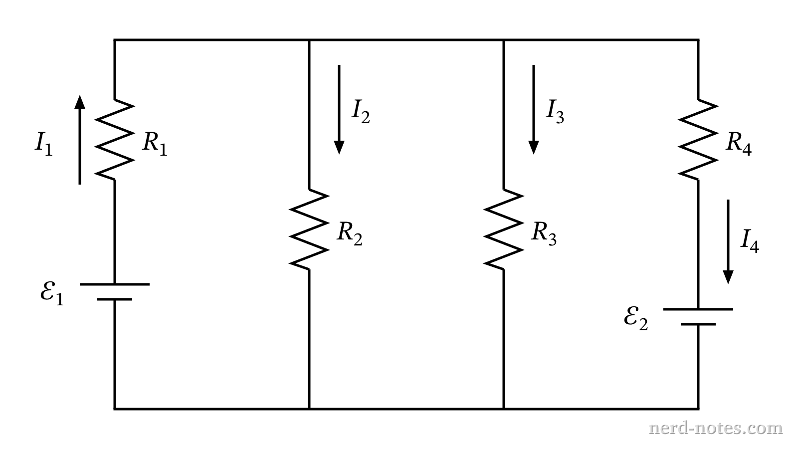Circuit diagram showing four parallel branches forming three adjacent meshes.