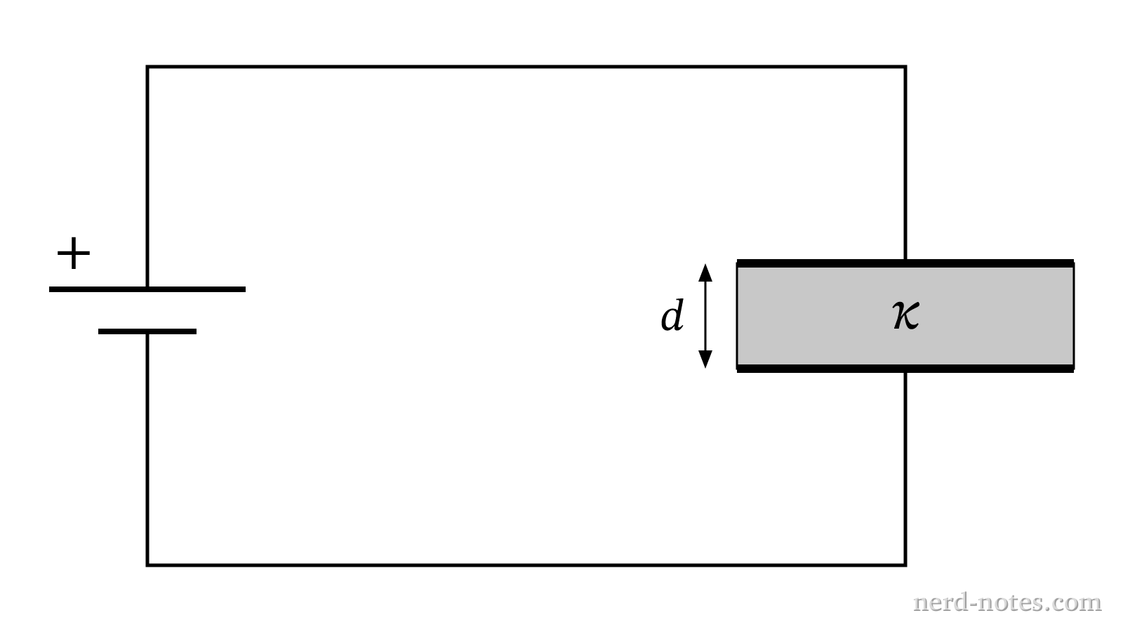 Capacitor connected to a battery as a dielectric slab is inserted.