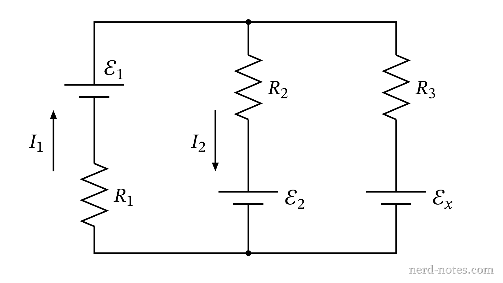 A three-branch direct-current circuit network.