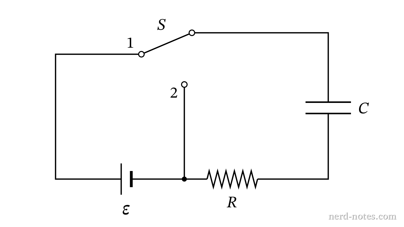 Circuit schematic with a two-position switch, battery, resistor, and capacitor.