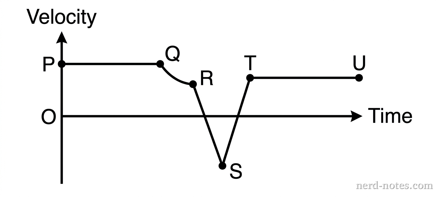 Velocity versus time graph with sections PQ, QR, RS, ST, and TU