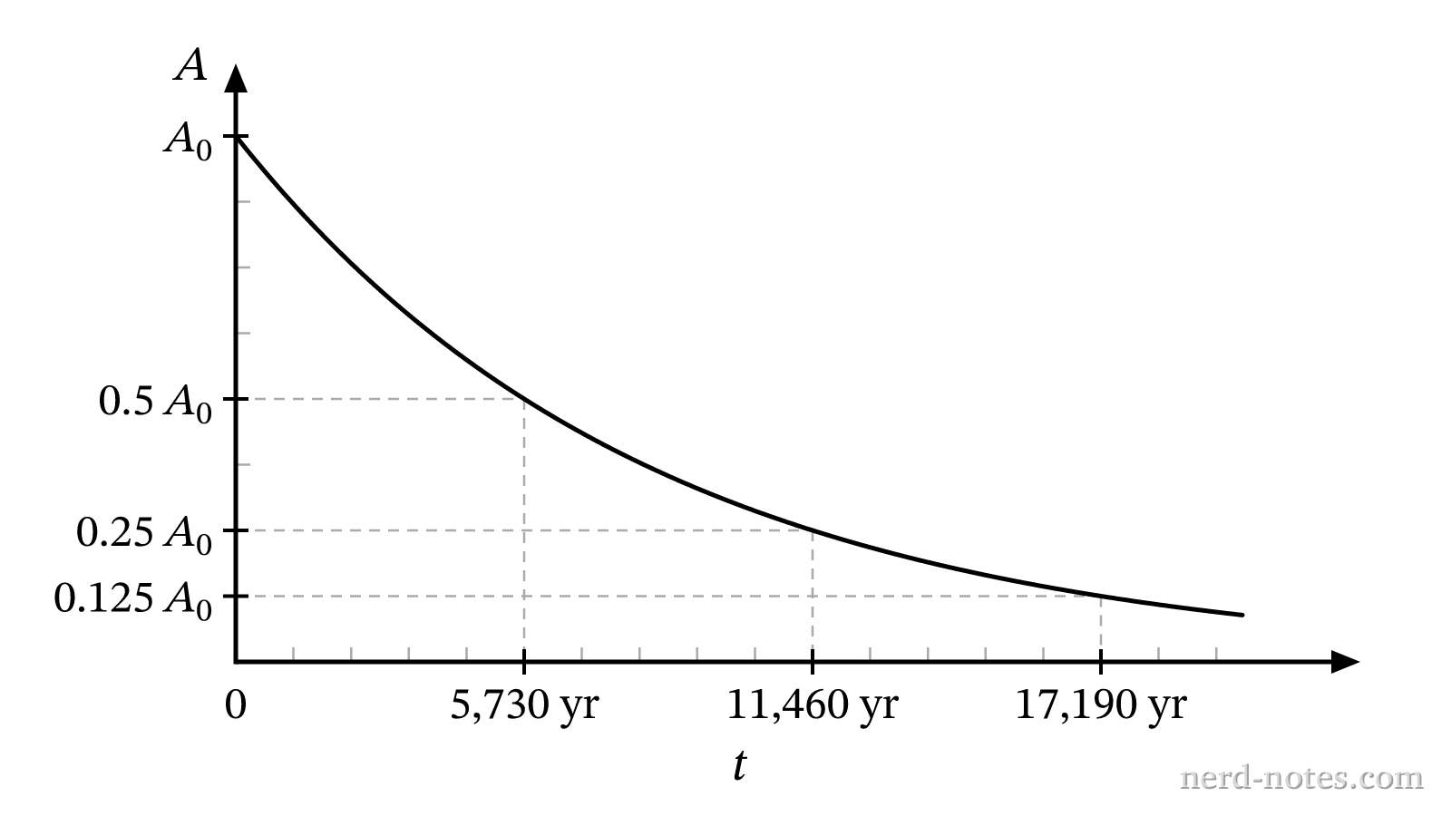 Activity versus time for carbon-14 decay.