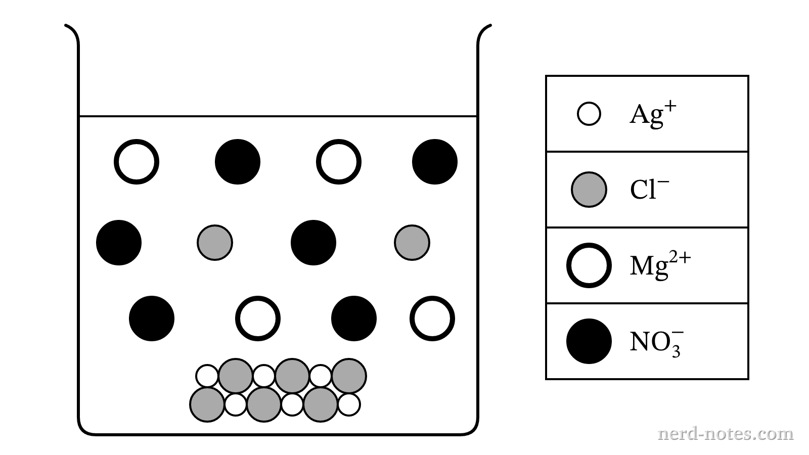 Particulate representation of the reaction mixture after \(\text{AgNO}_3\text{(aq)}\) and \(\text{MgCl}_2\text{(aq)}\) reach completion.