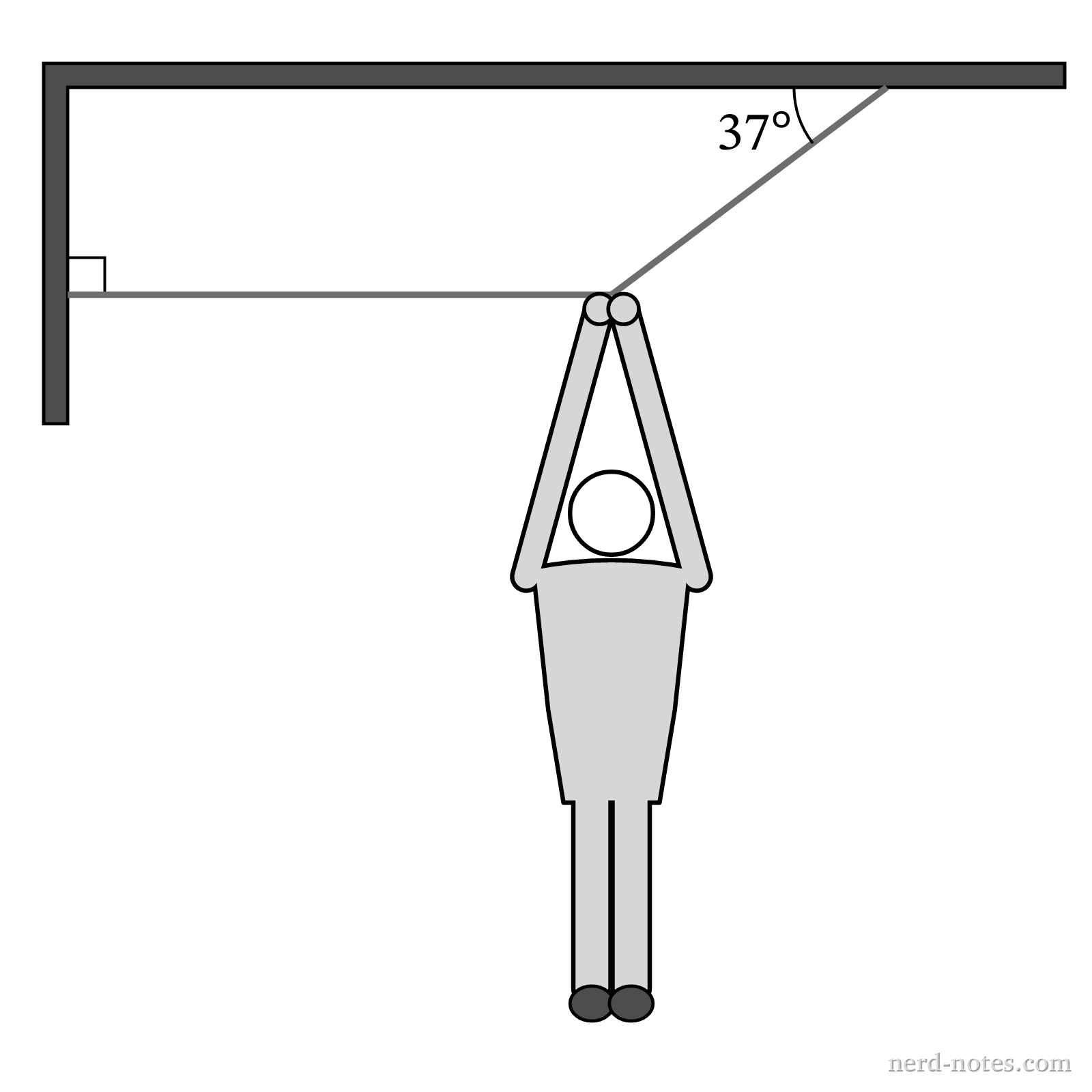 Gymnast hangs from a junction of a horizontal cable and a cable at \(37^{\circ}\) to the ceiling.