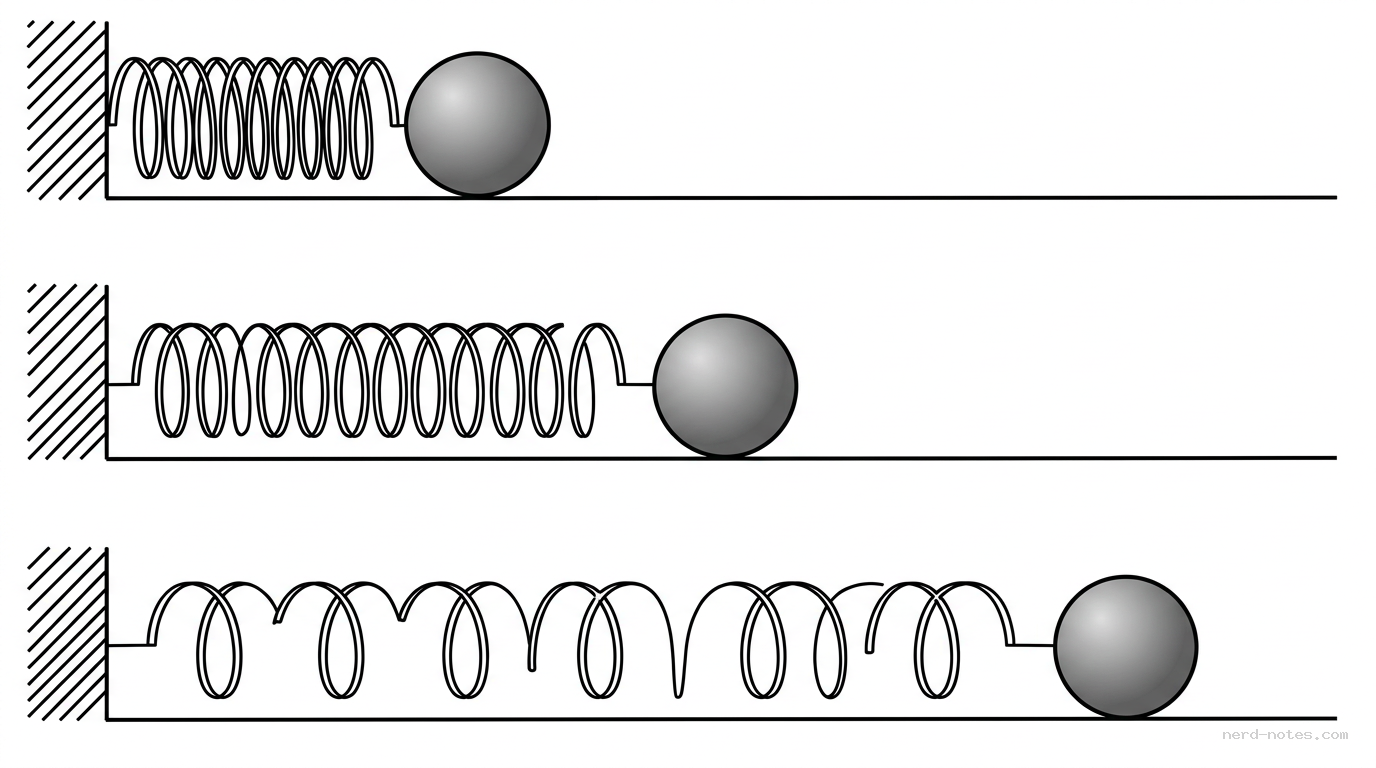 Figure 1. Mass–spring system at compression, equilibrium, and extension.