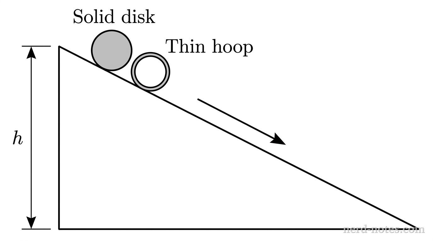 A disk and a hoop rolling down an incline of height h.