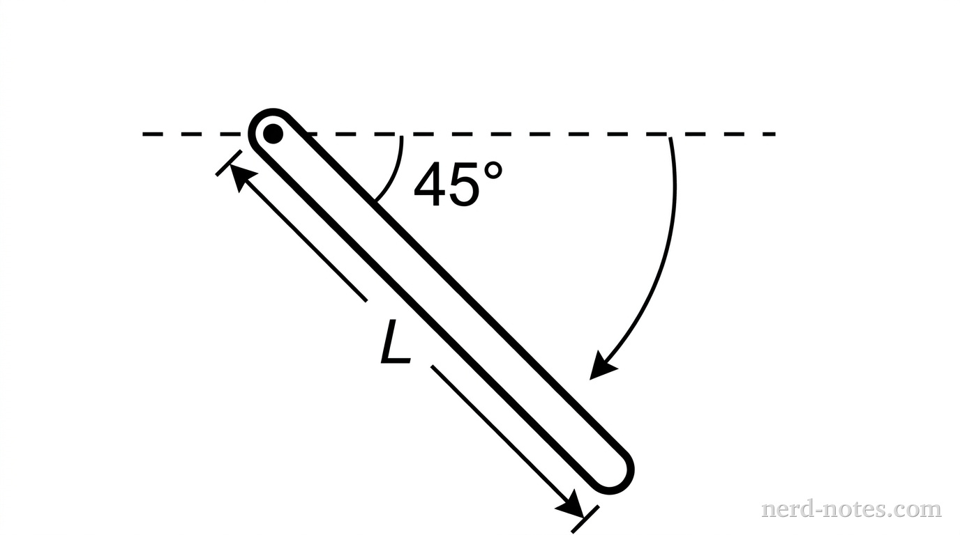 A side view diagram showing a uniform rod of length L pivoted at its upper left end. The rod is positioned at an angle of 45 degrees below the horizontal. A dashed horizontal reference line is drawn through the pivot point. An arc-shaped arrow indicates the clockwise motion of the rod towards the vertical. The pivot point is represented by a small filled circle.
