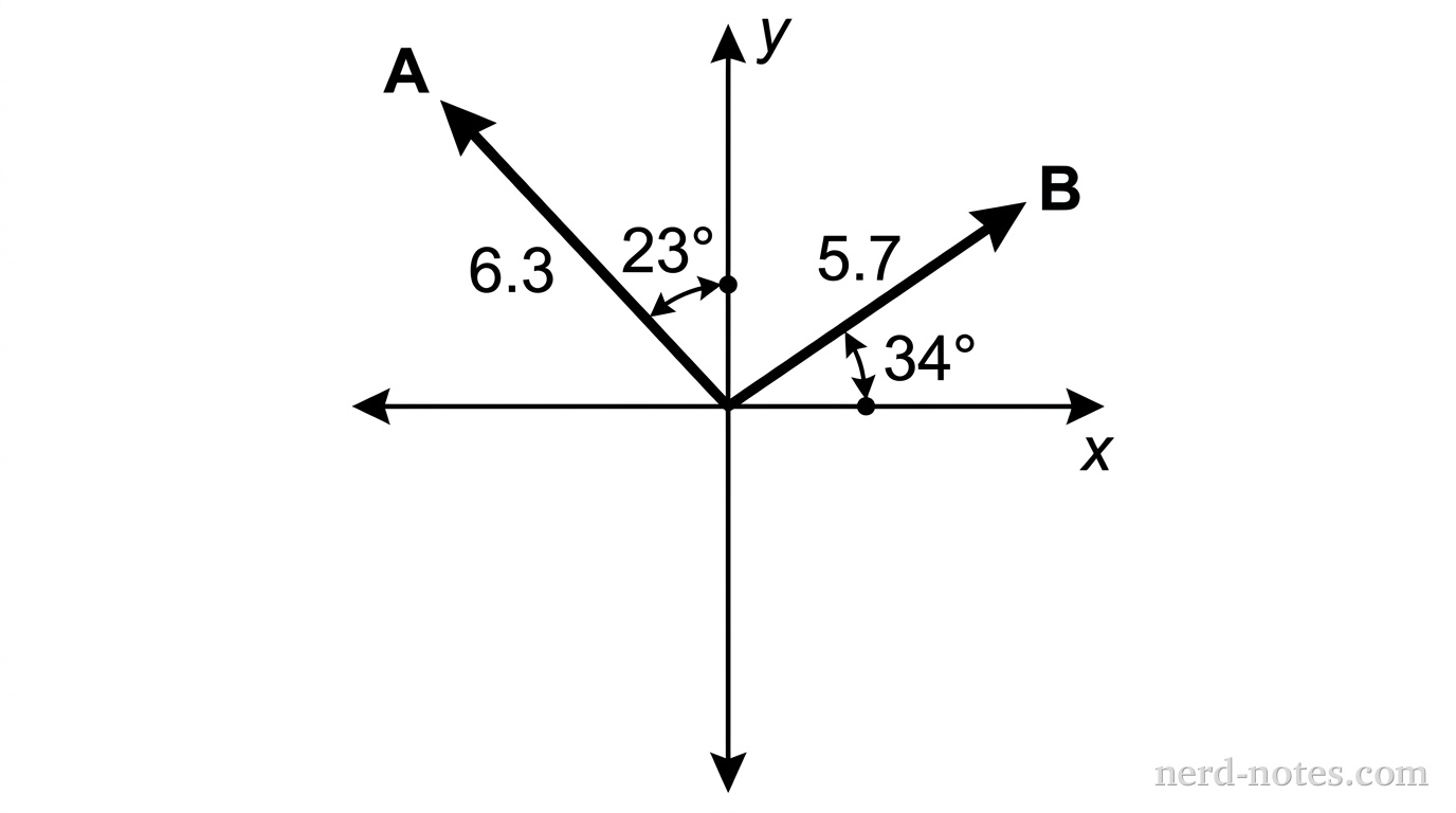 A two-dimensional Cartesian coordinate system with the origin at the center. The positive ( x )-axis extends horizontally to the right and is labeled “x” at its arrowhead. The positive ( y )-axis extends vertically upward and is labeled “y” at its arrowhead. A thin line continues the axes past the origin into the negative directions, with arrowheads at both negative ends. nnTwo bold vectors originate from the origin. n1. Vector ( vec{A} ) is drawn into the second quadrant, making an angle of ( 23^{circ} ) to the left of the positive ( y )-axis (equivalently ( 67^{circ} ) above the negative ( x )-axis). Its arrowhead points up-left. Near the arrow is the bold letter “A”; beside the vector, the magnitude “6.3” is printed. An arc between the vector and the positive ( y )-axis is marked with the label “23°.” n2. Vector ( vec{B} ) is drawn into the first quadrant, making an angle of ( 34^{circ} ) above the positive ( x )-axis. Its arrowhead points up-right. Near the arrow is the bold letter “B”; beside the vector, the magnitude “5.7” is printed. An arc between the vector and the positive ( x )-axis is marked with the label “34°.” nnNo other vectors are drawn. All vectors originate exactly at the origin and are drawn to scale relative to one another and to the printed magnitudes.