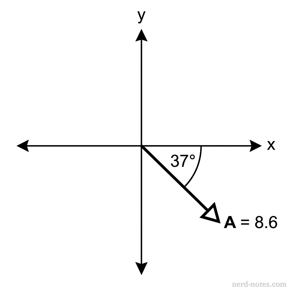 A two-dimensional Cartesian coordinate system centered at the origin. A vertical arrow points upward from the origin labeled y at the top. A horizontal arrow points right from the origin labeled x at the right end. A horizontal arrow pointing left from the origin marks the negative x-direction and a vertical arrow pointing downward marks the negative y-direction. From the origin, a bold arrow extends into the fourth quadrant making an angle of 37° measured from the positive x-axis down to the arrow. The arrow tip is in the lower-right quadrant. Near the arrow tip is the label "A = 8.6" in bold. The 37° angle is indicated by a small curved arc between the positive x-axis and the vector, with the value 37° written just inside the arc.