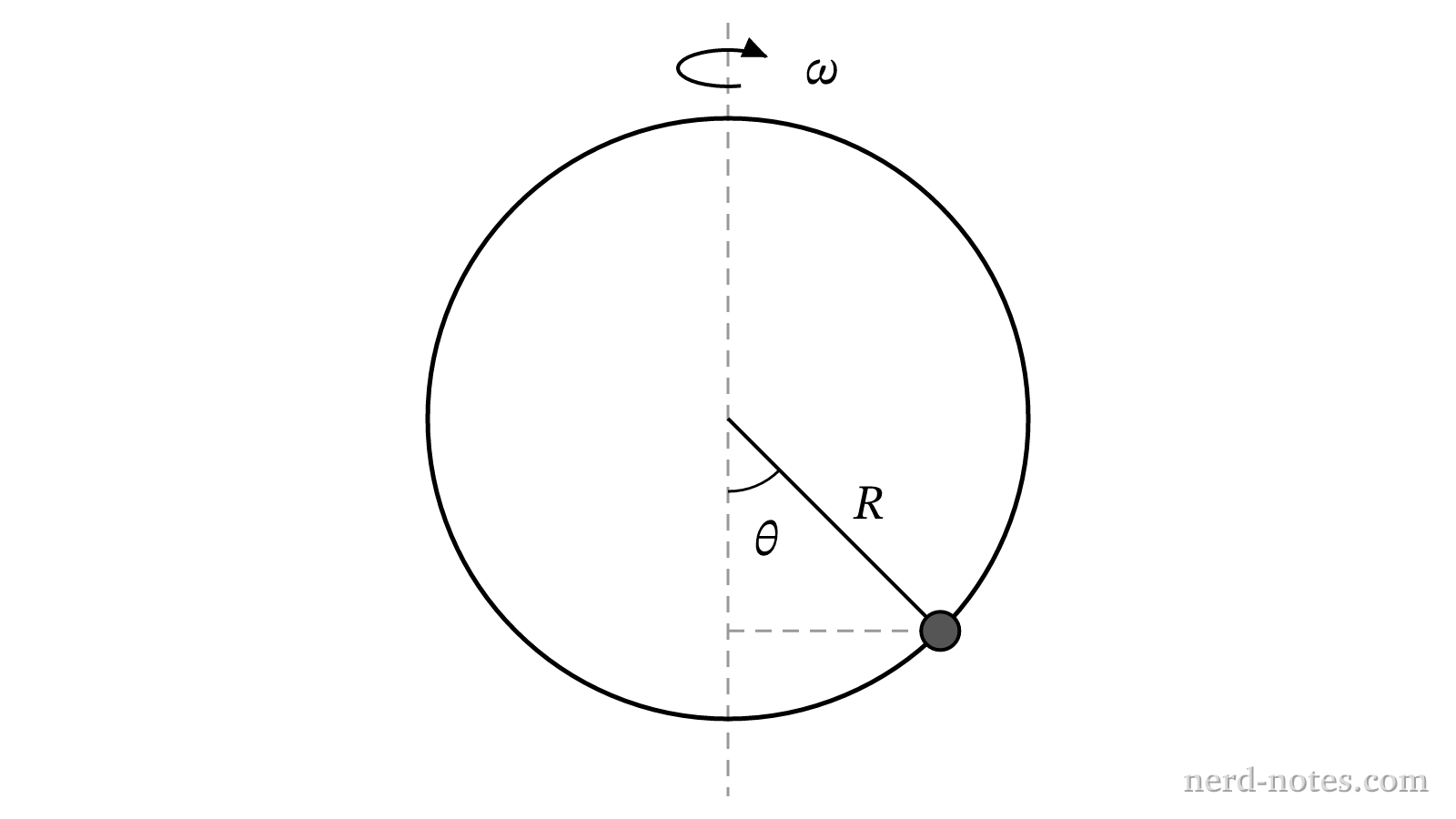 A bead on a hoop of radius \(R\) rotating at angular velocity \(\omega\).