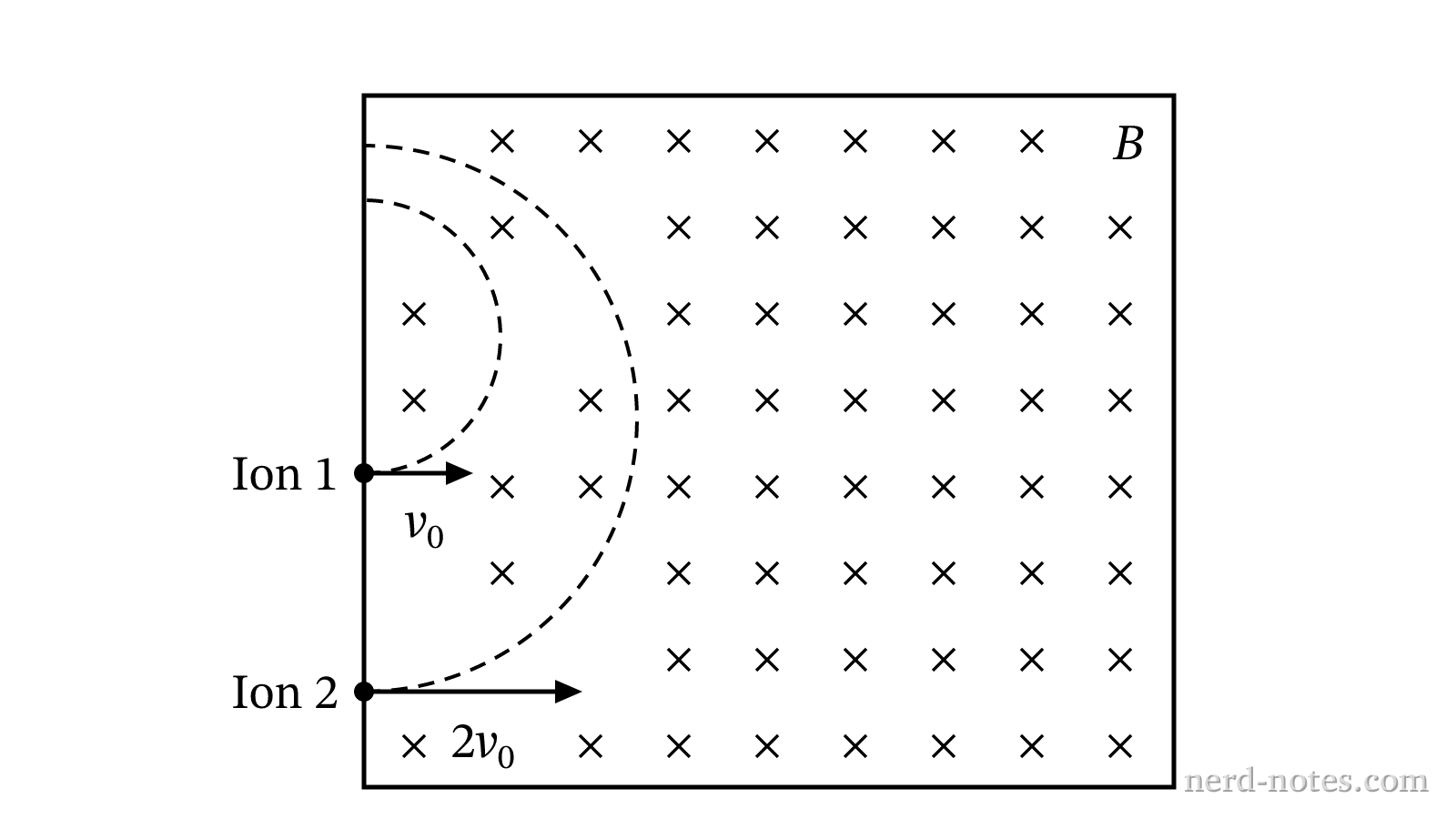 Trajectories of Ion 1 and Ion 2 in a uniform magnetic field.