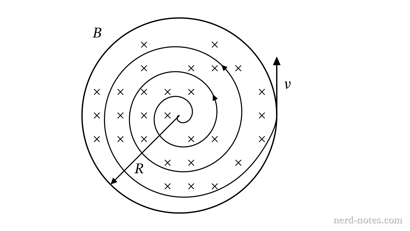 Top view of particle trajectories in a cyclotron extracted at radius R.