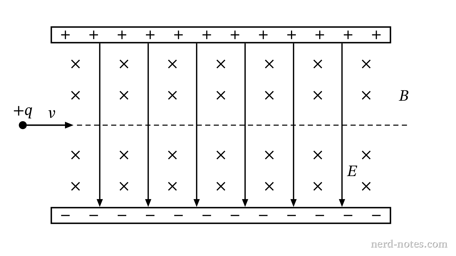 Velocity selector with crossed electric and magnetic fields.