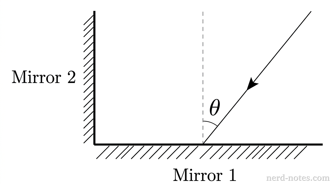 A light ray incident on the first of two perpendicular mirrors.