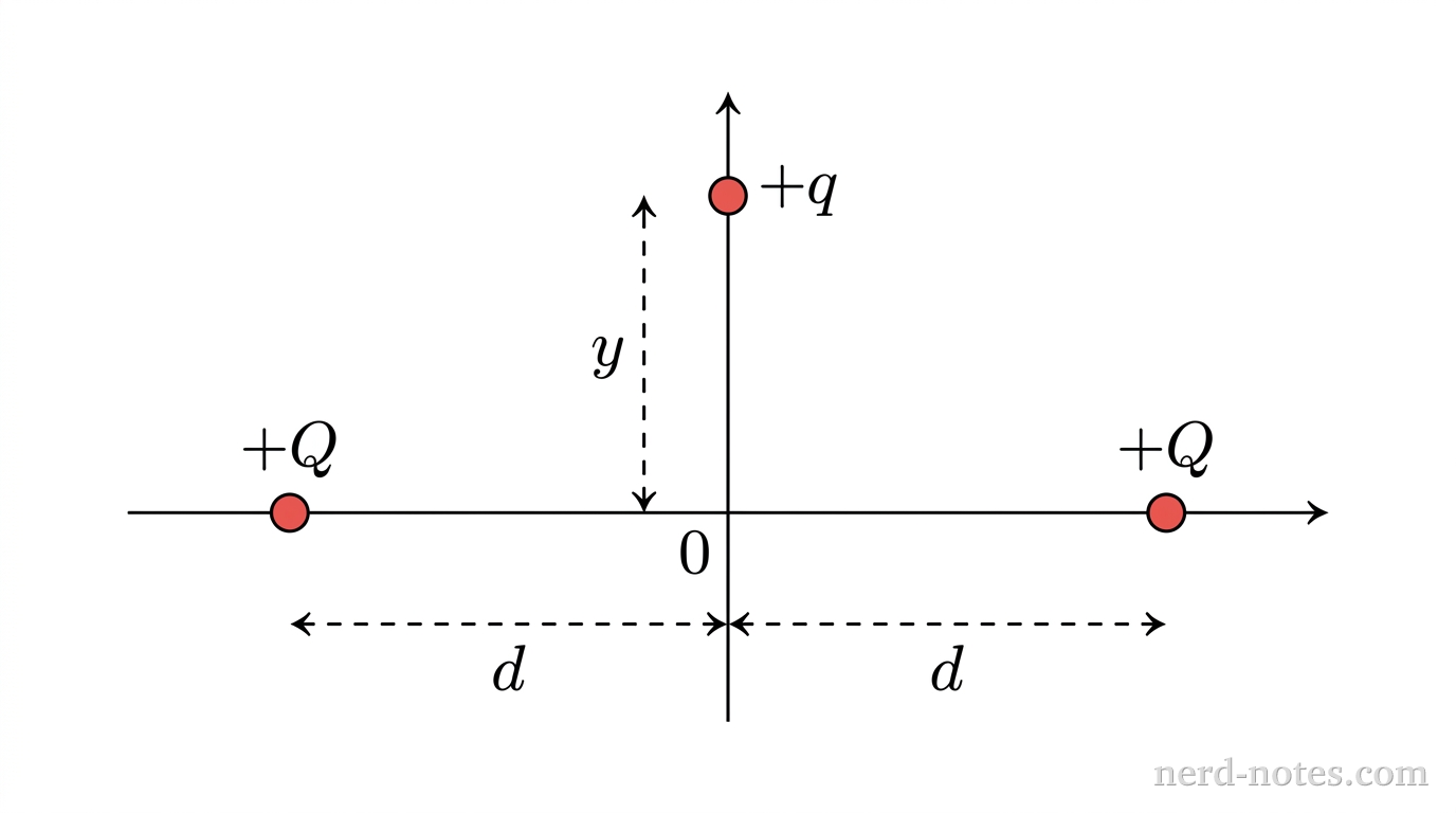Two fixed charges +Q on the x-axis and a charge +q on the y-axis.